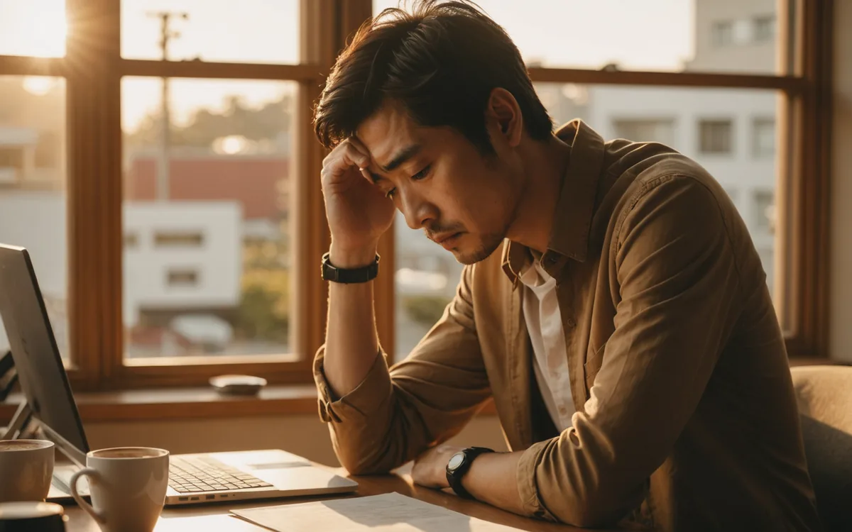 Person with head in hands at a desk, late afternoon quiet exhaustion