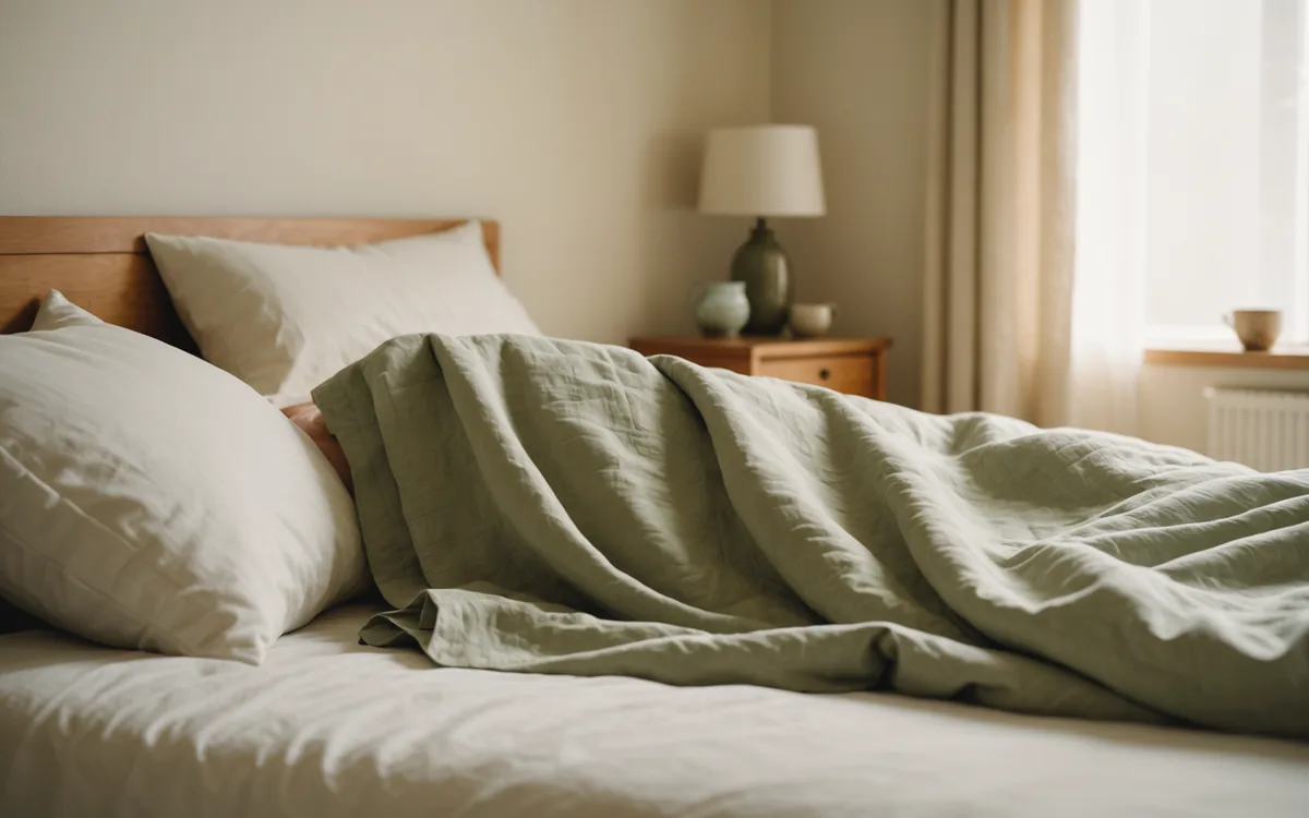 Person waking gently in soft morning light, peaceful sleep scene