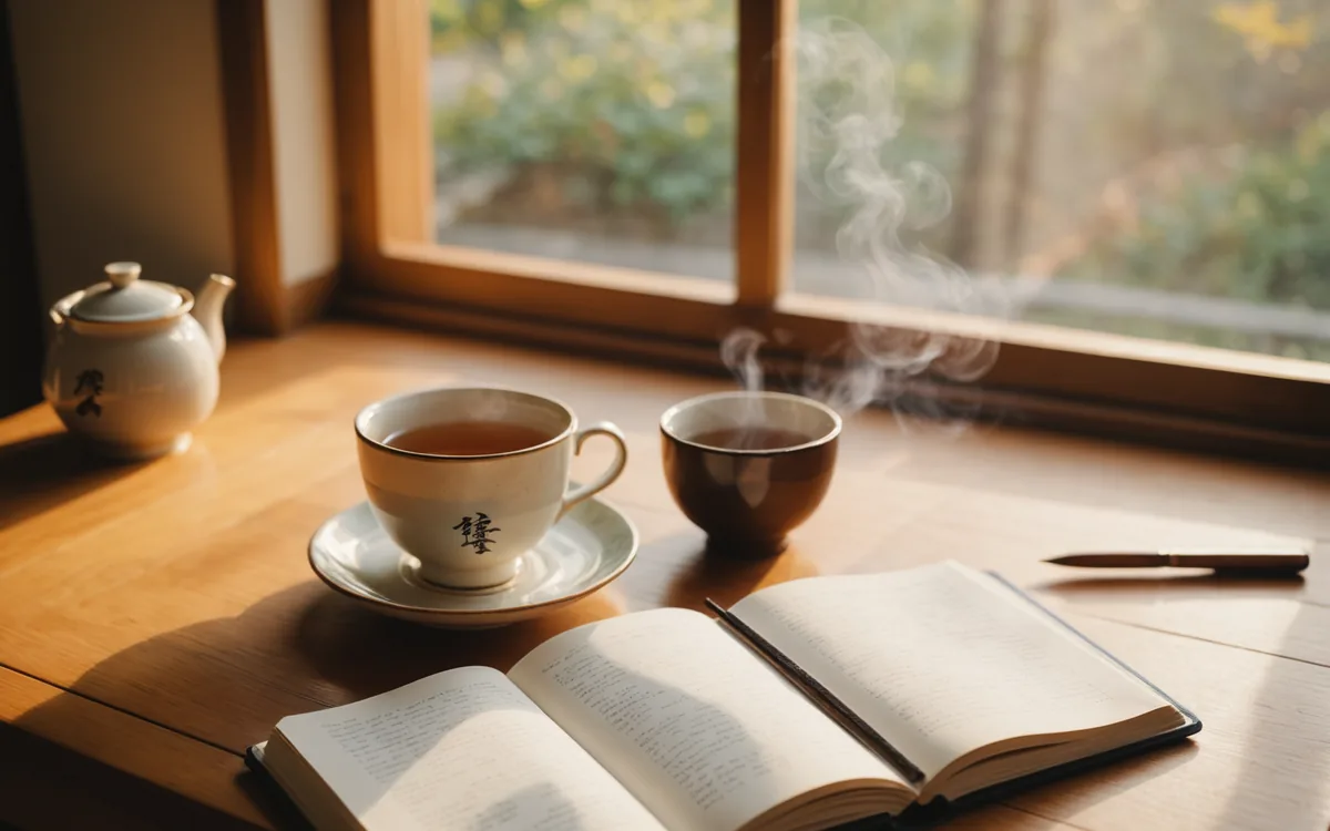 Early morning ritual scene with warm tea, journal, quiet apartment light